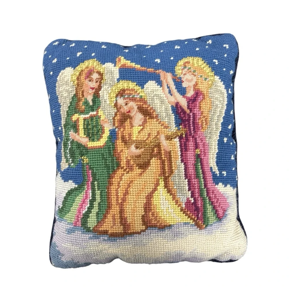 Vintage‎ Needlepoint Velvet Backed Pillow Angels Playing Music 9
